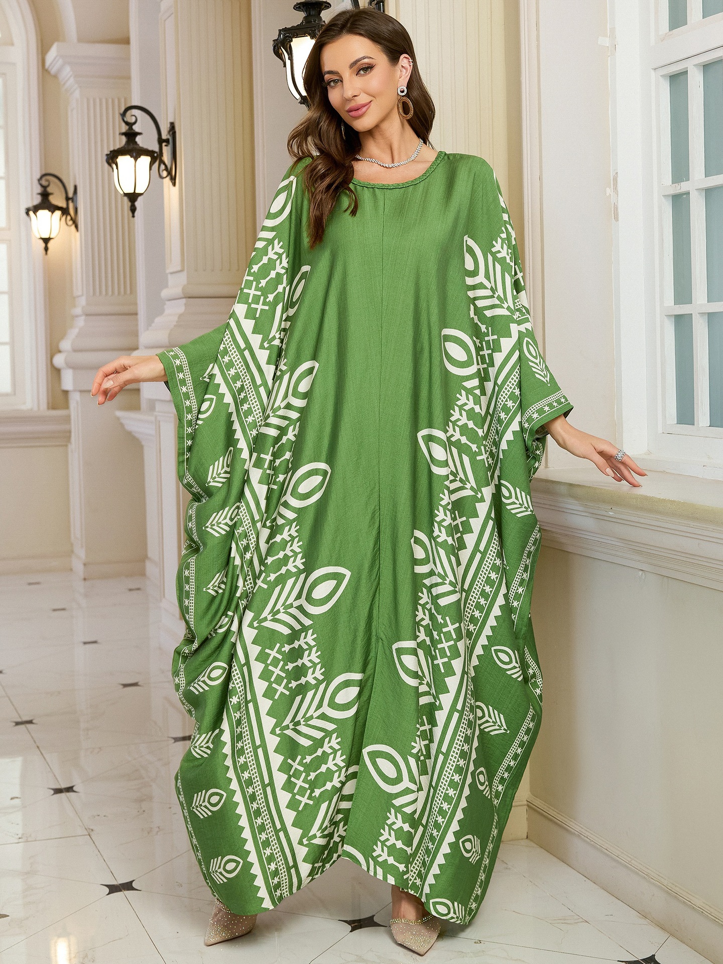 Geometric Pattern Kaftan Maxi Dress with Long Batwing Sleeves for Beach Cover Up
